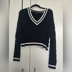 House of Harlow 1960 Black V-Neck Sweater with White Trim